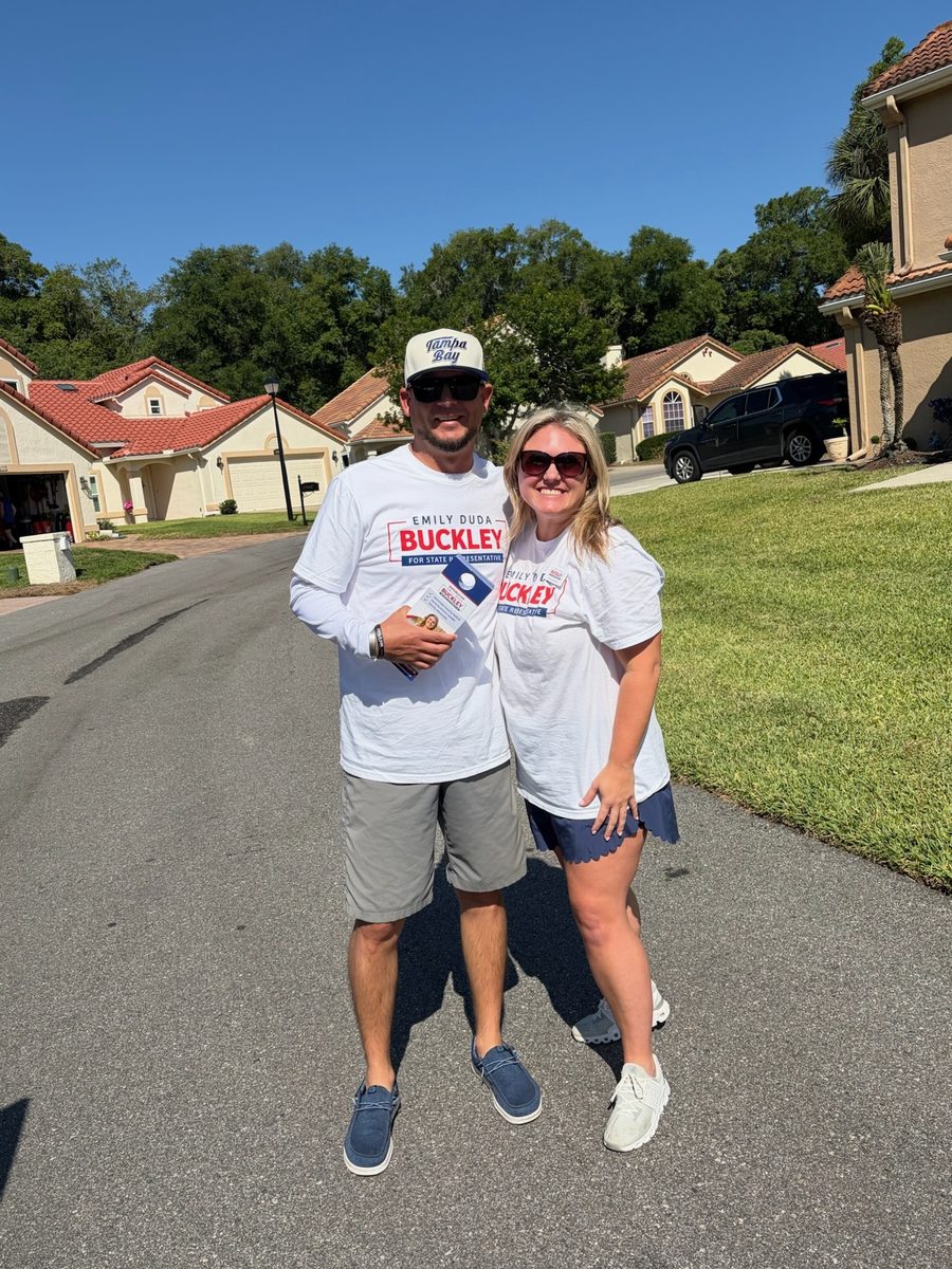 Emily Duda Buckley canvassers out in the neighborhood